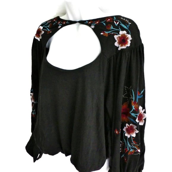 Free People Top Black Embroidered Cut Out Linen Long Balloon Sleeves Oversized S - Picture 3 of 10
